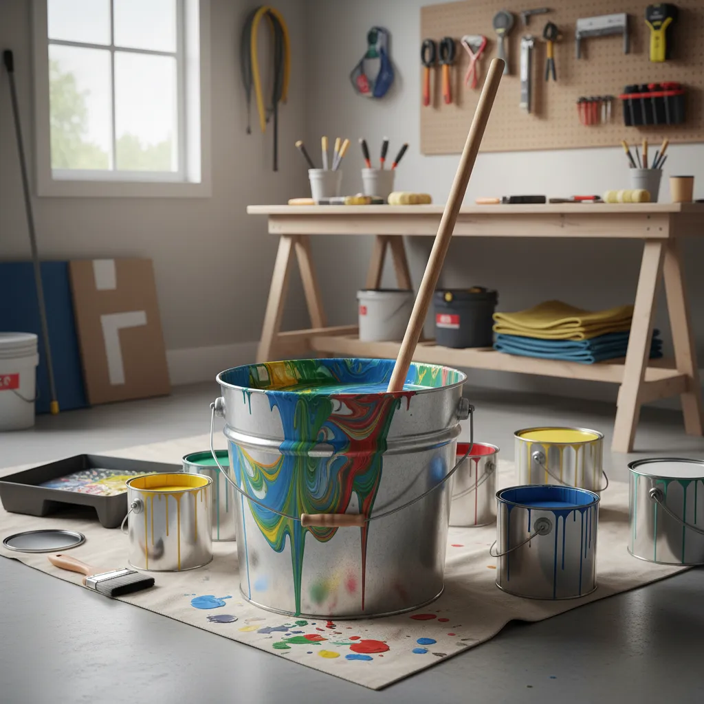 mixing multiple paint cans together in a large bucket to maintain consistent wall color