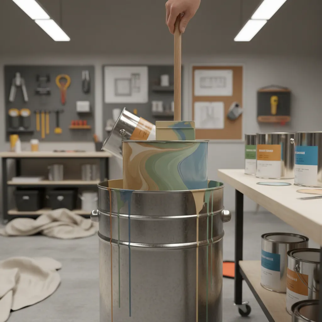 mixing multiple paint cans together in a large bucket for color consistency