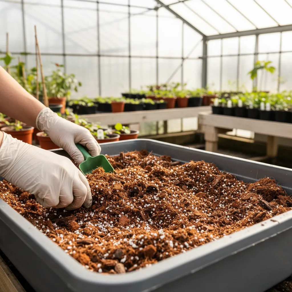 Gardener mixing coco coir, perlite, and bark for indoor plant soil