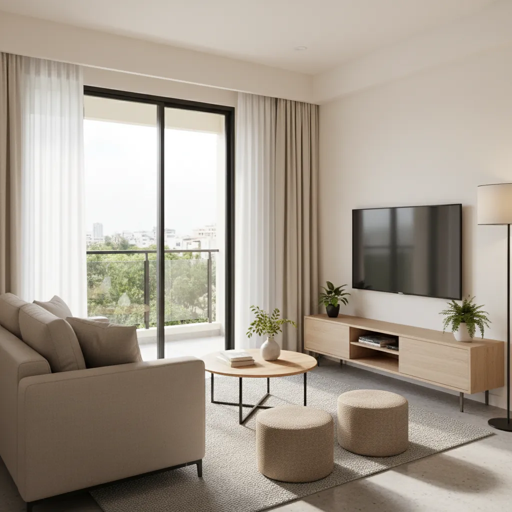 Living room interior of a compact 2 BHK flat in Miyapur Hyderabad