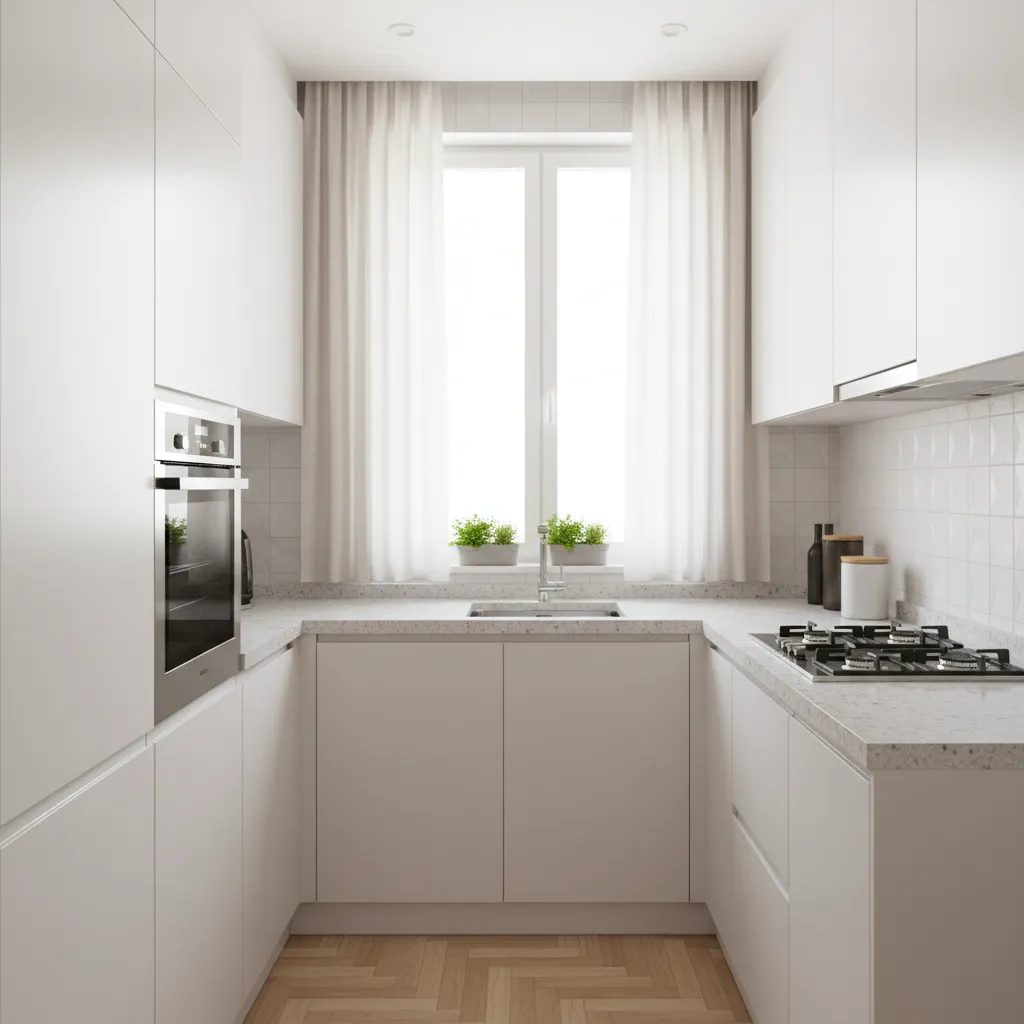Compact L shaped kitchen layout in a modern apartment