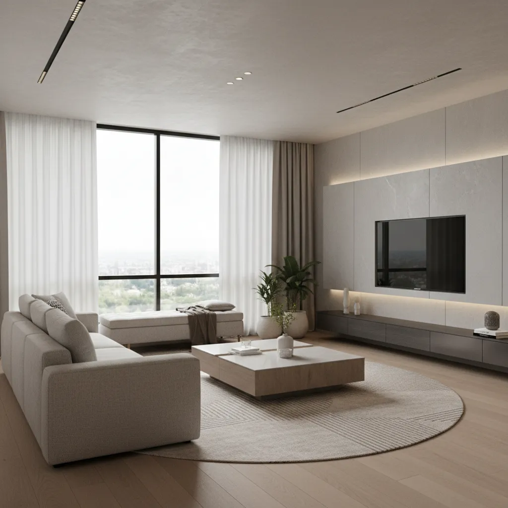 Modern living room with grey sofa round rug coffee table wooden floor and large windows