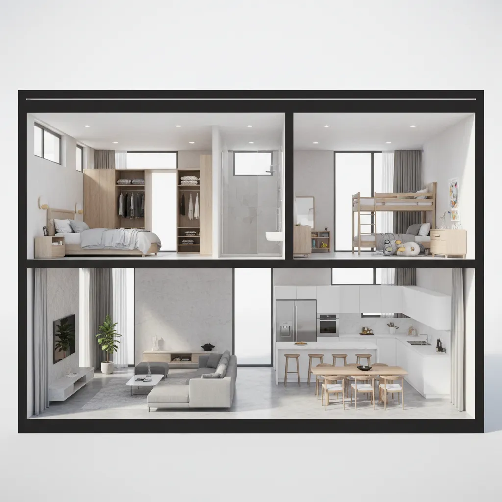 Interior design drawing of two floor house showing living room kitchen dining area and bedrooms