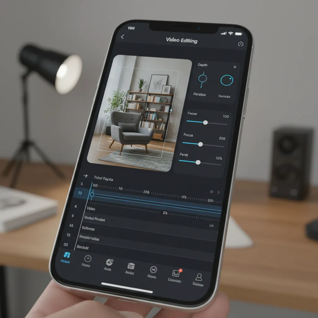 Mobile app interface editing a 3D home interior video clip