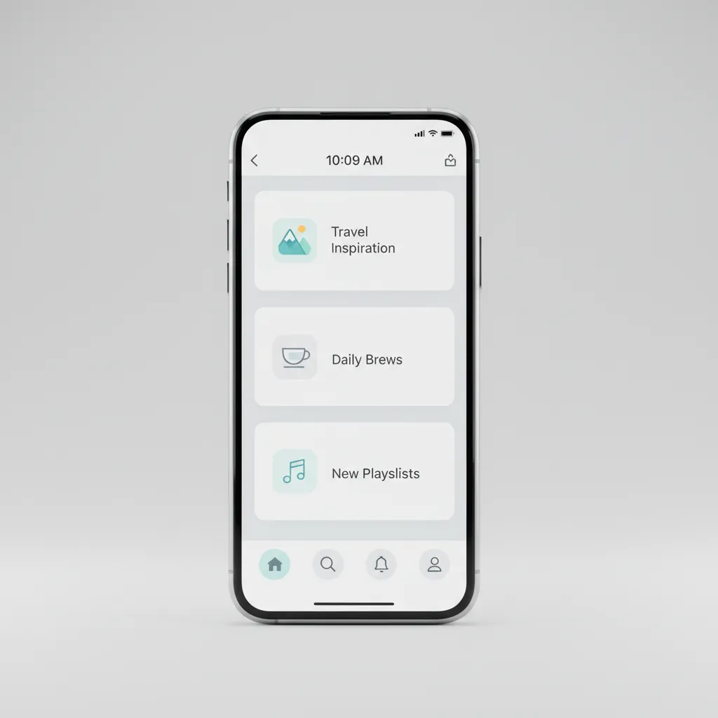 Mobile app home screen interface with feed navigation and bottom tab bar