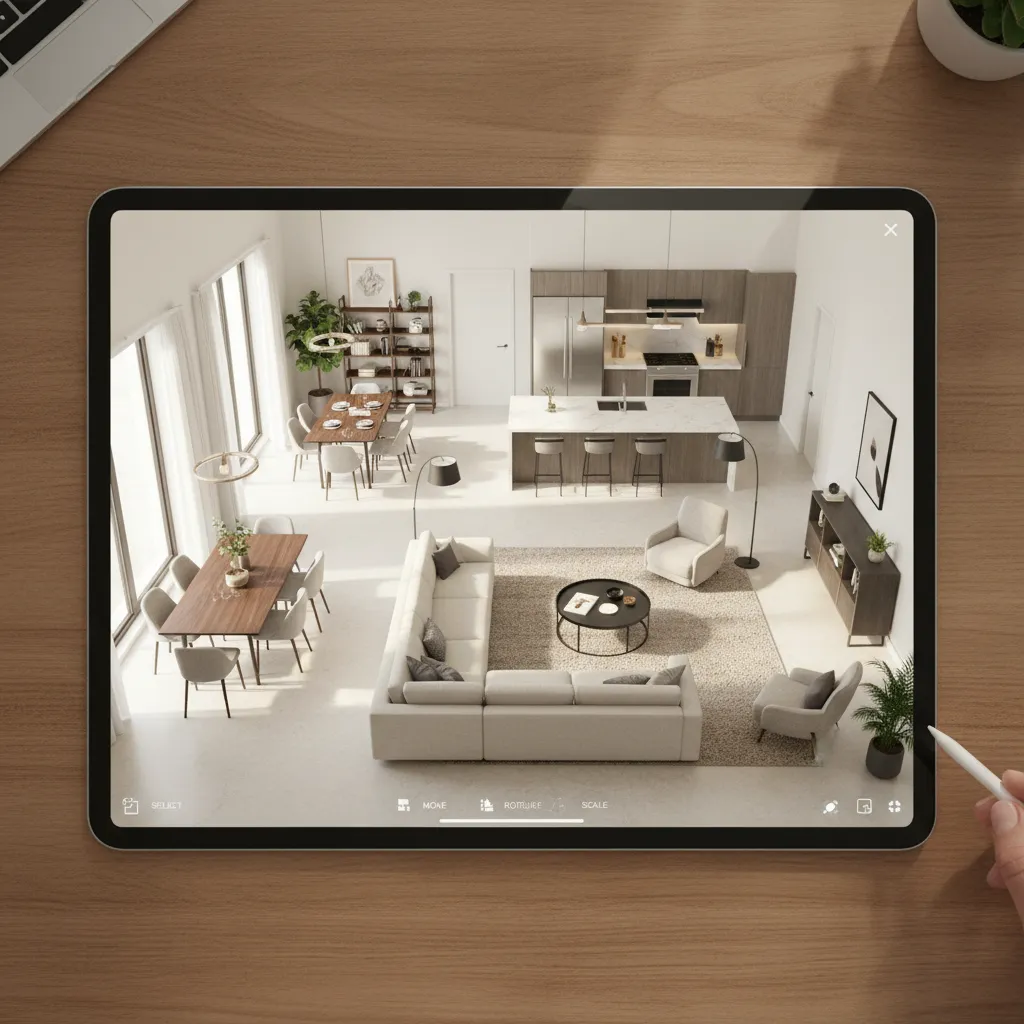 mobile tablet running a home design simulation with detailed room furniture layout