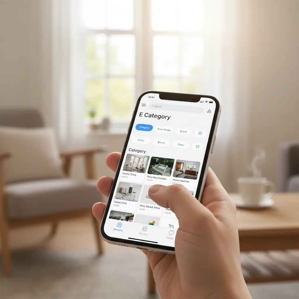 Mobile phone showing ecommerce category page with filters and product layout