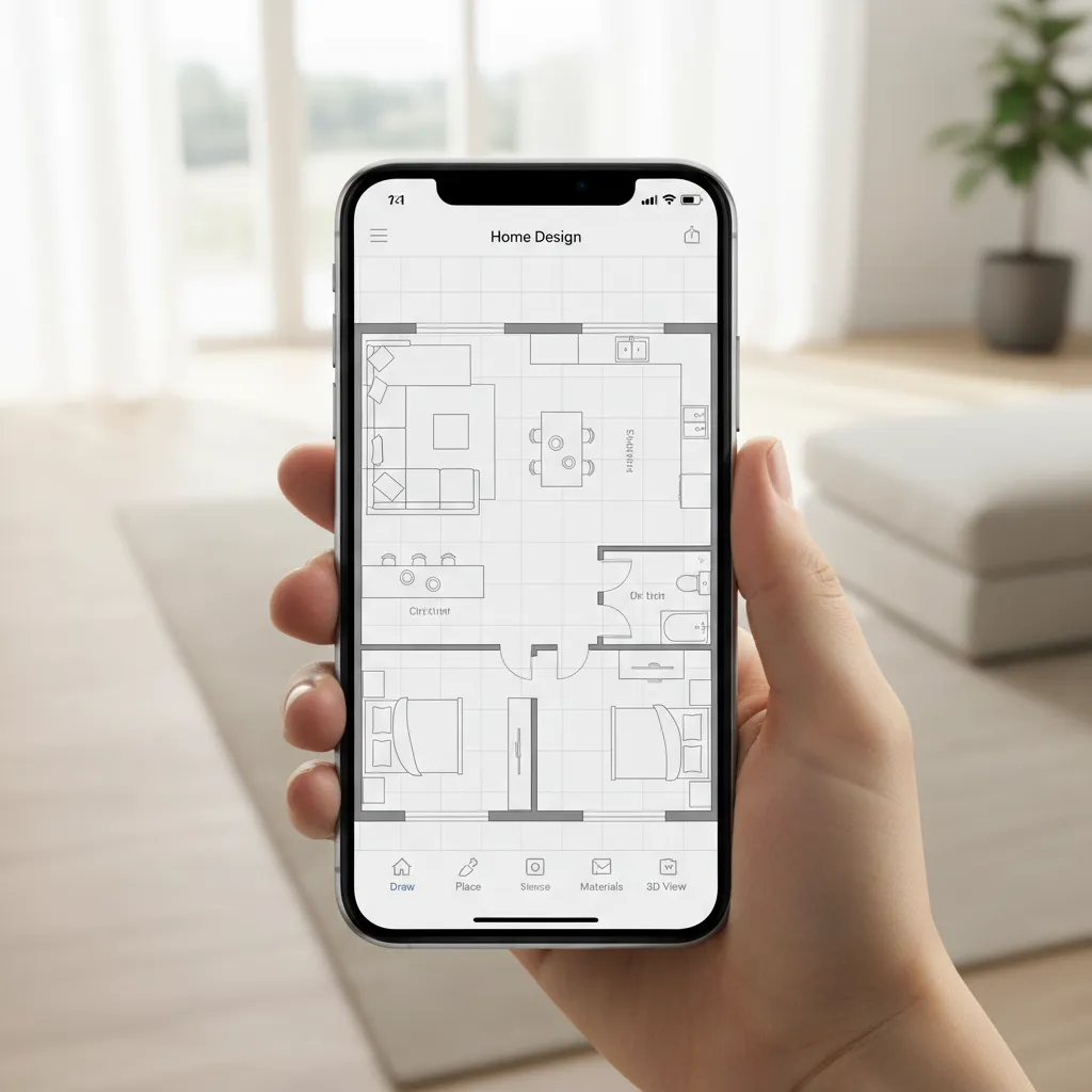 Smartphone displaying a home floor plan design app interface with room layout and furniture icons