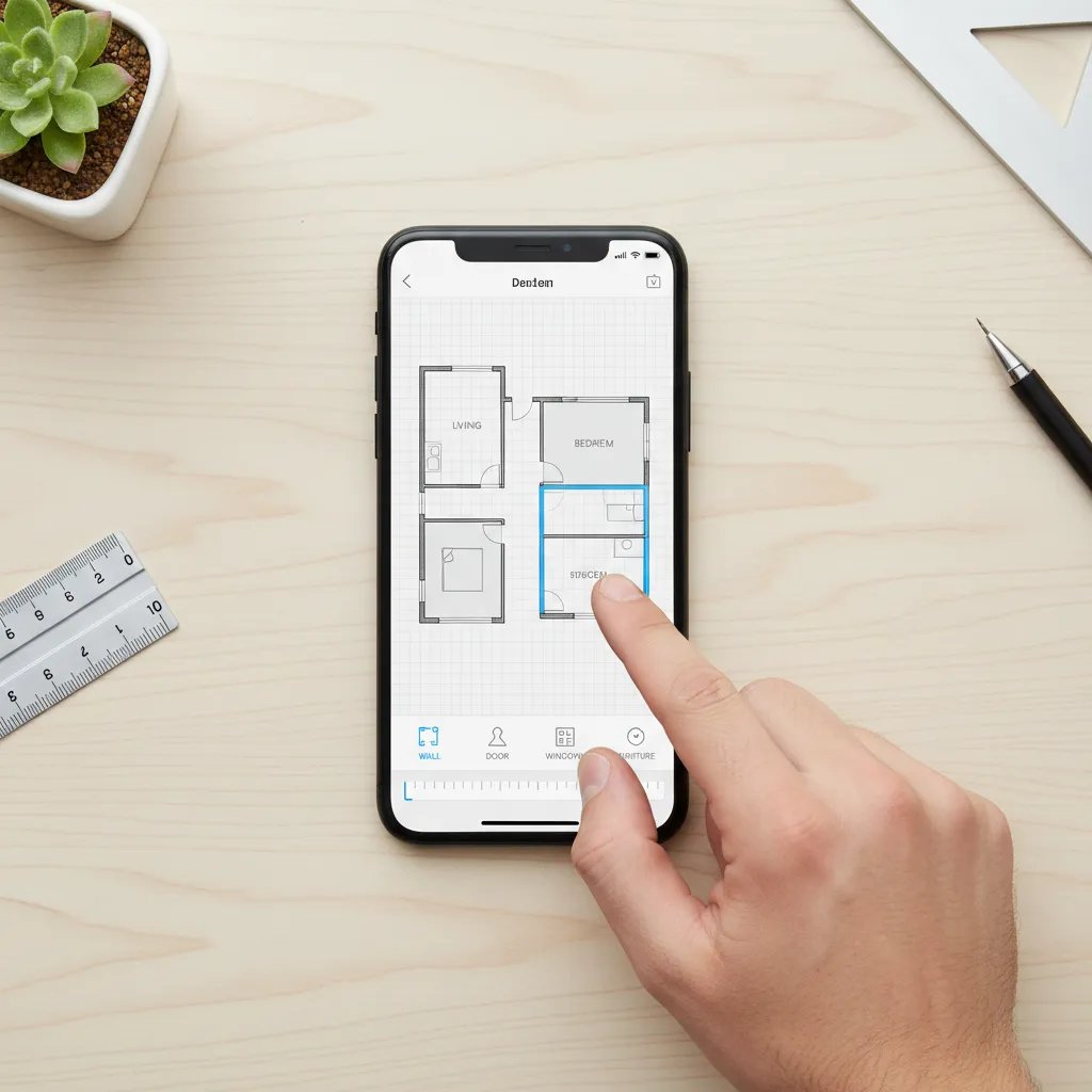 Hand drawing a 2D floor plan layout on a mobile phone screen on wooden desk