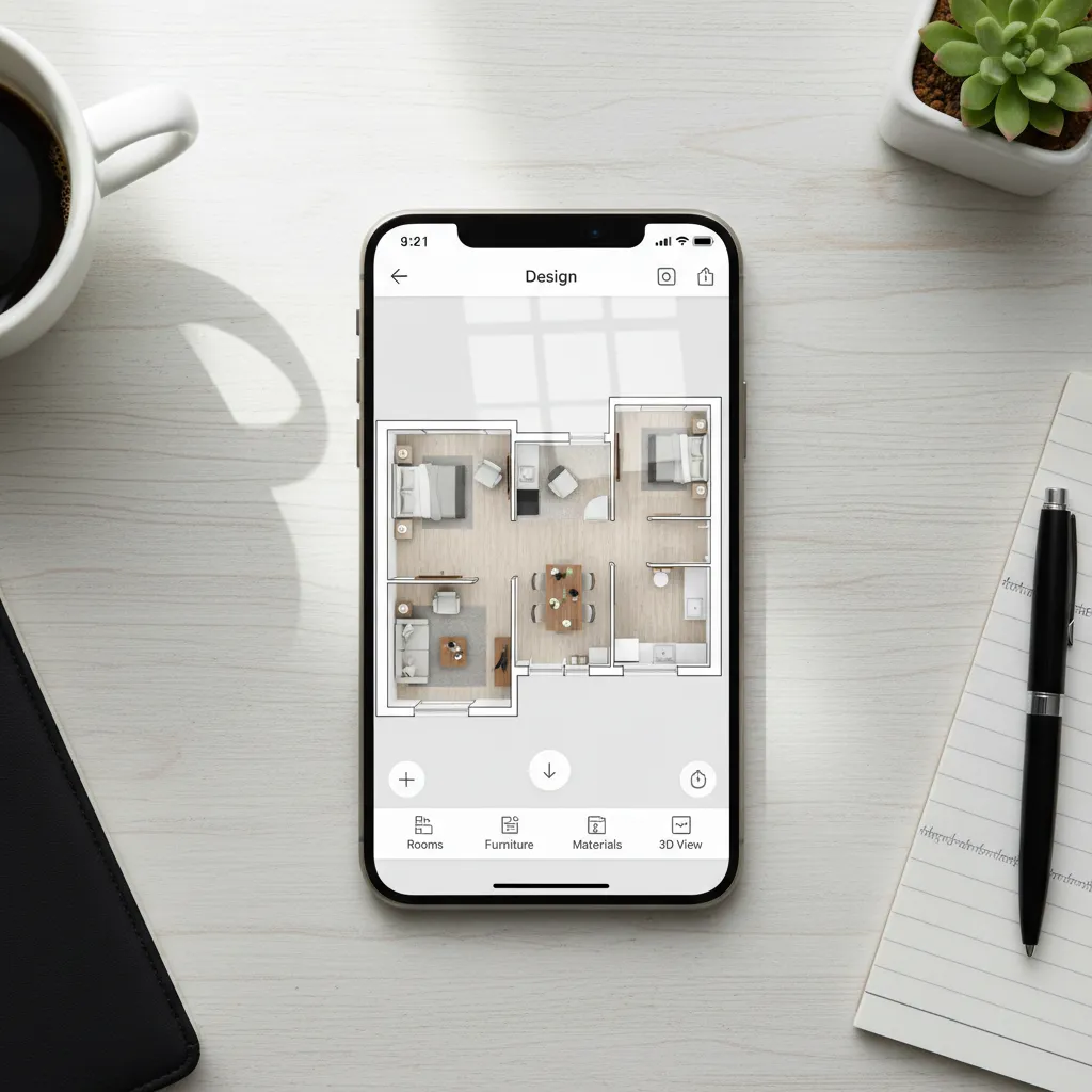 Pantalla de móvil mostrando un plano de vivienda con muebles en 3D