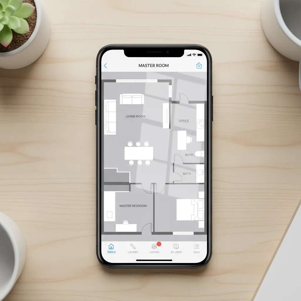 Plano de casa en una app móvil con habitaciones y muebles distribuidos