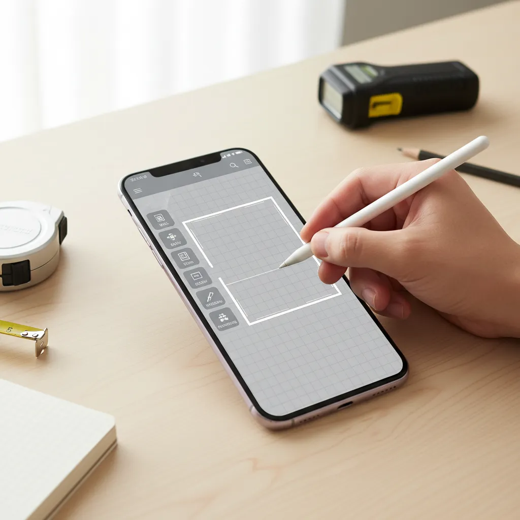 person using a mobile floor plan design app on Android phone to sketch room layout