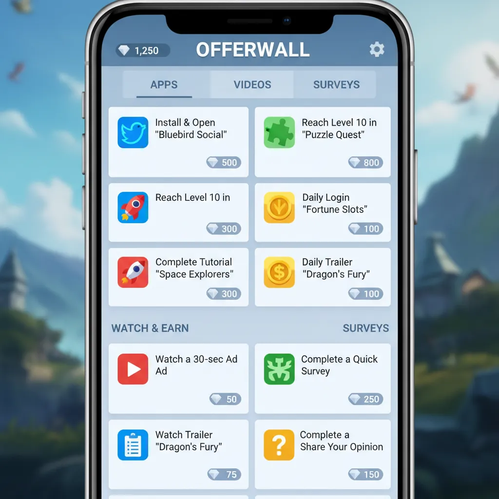 mobile gaming offerwall showing reward tasks for earning diamonds