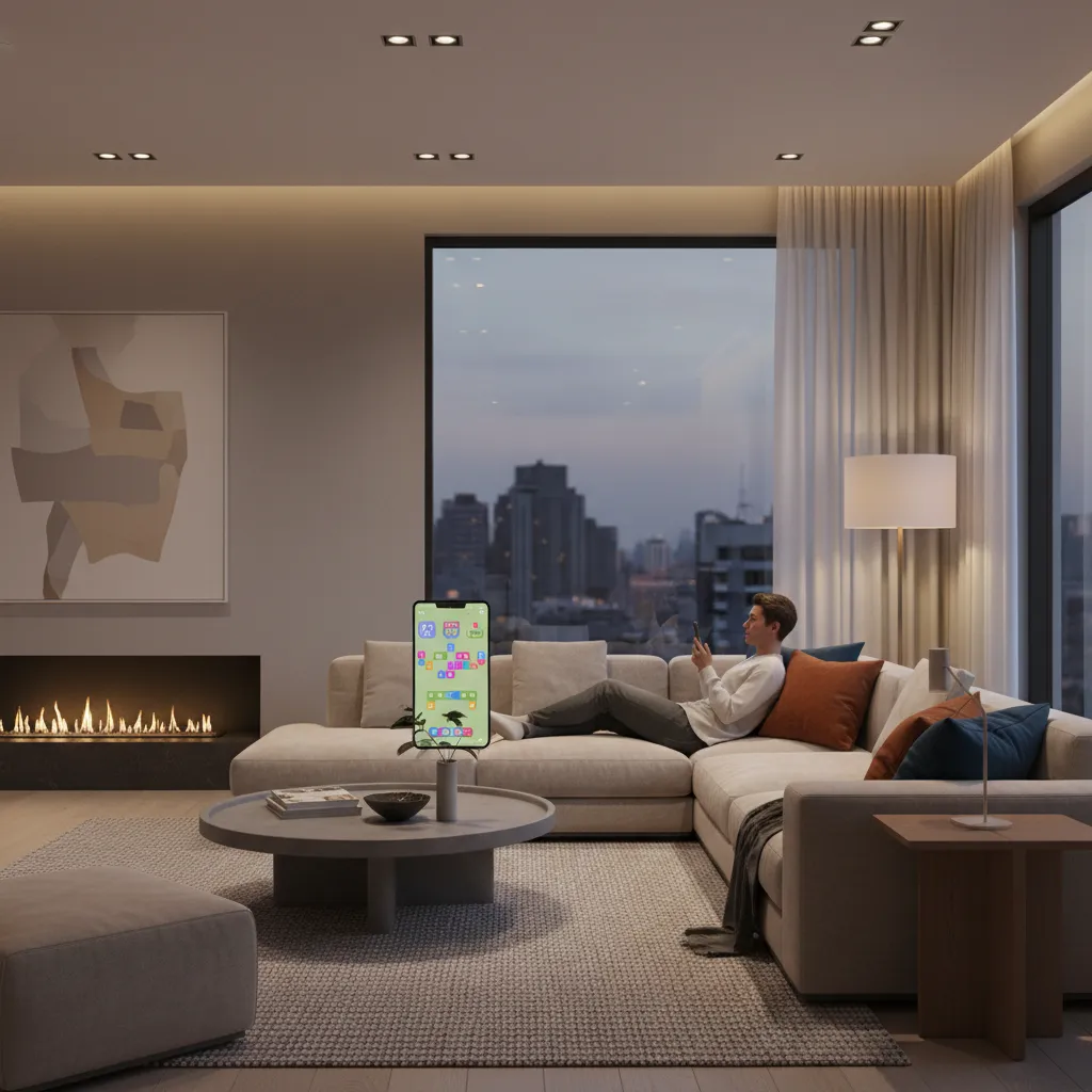 Person relaxing on sofa playing a mobile game at home