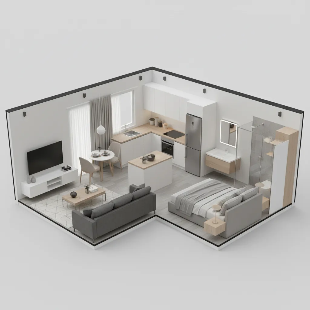 3d visualization of a compact mobile home layout interior