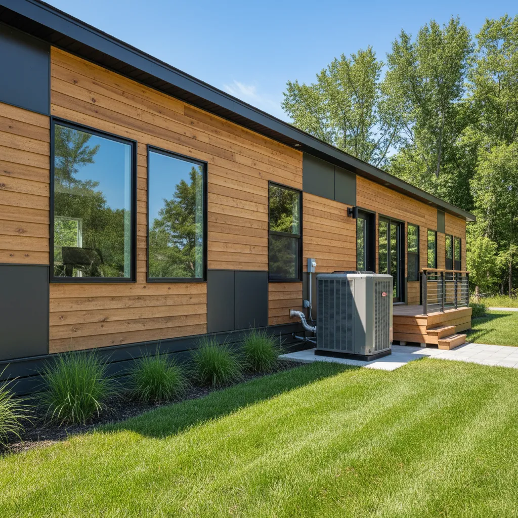 Outdoor air conditioning unit beside a manufactured home
