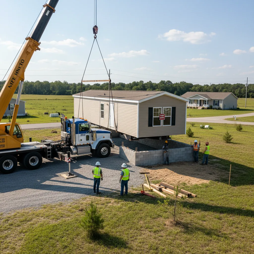 Mobile home being delivered and positioned on prepared foundation