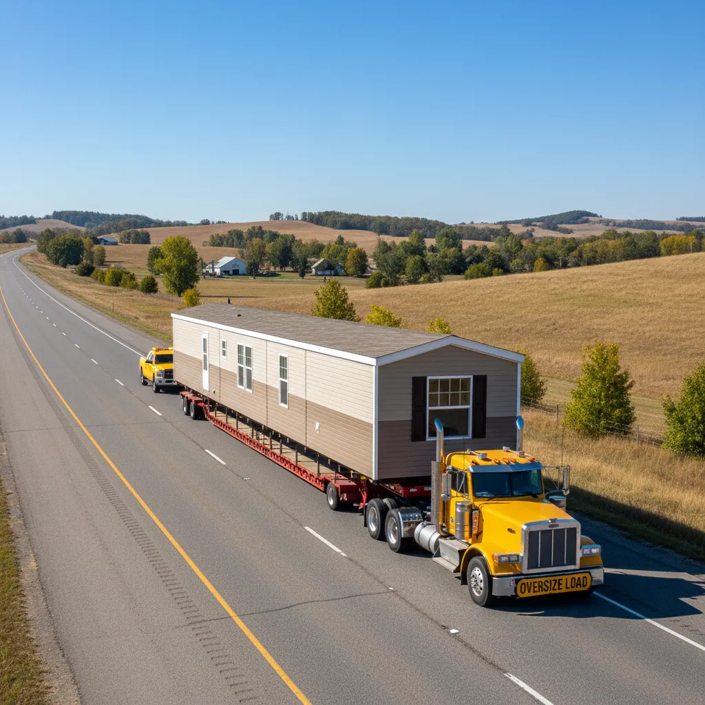 large truck transporting a manufactured home along a rural road