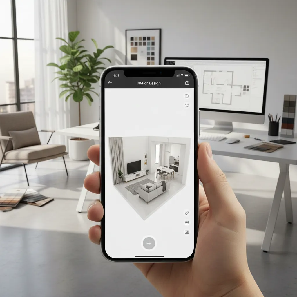 Mobile app showing a 3D room layout on a smartphone screen in a home office