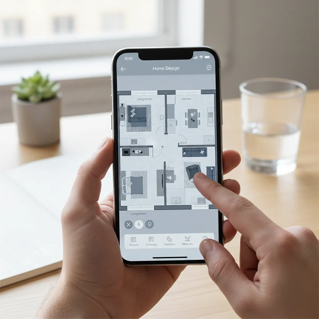 Giao diện app thiết kế nhà với mặt bằng và nội thất hiển thị trên điện thoại