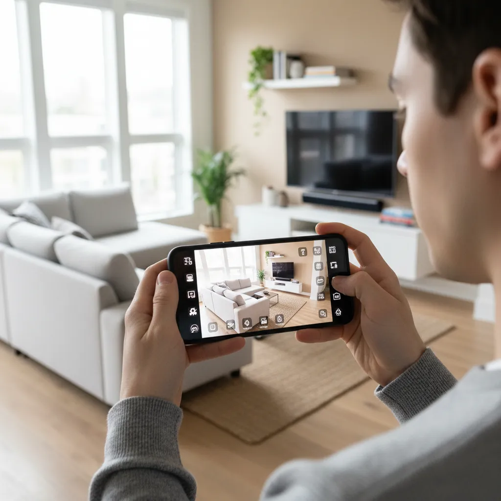 Seseorang menggunakan aplikasi desain rumah di smartphone