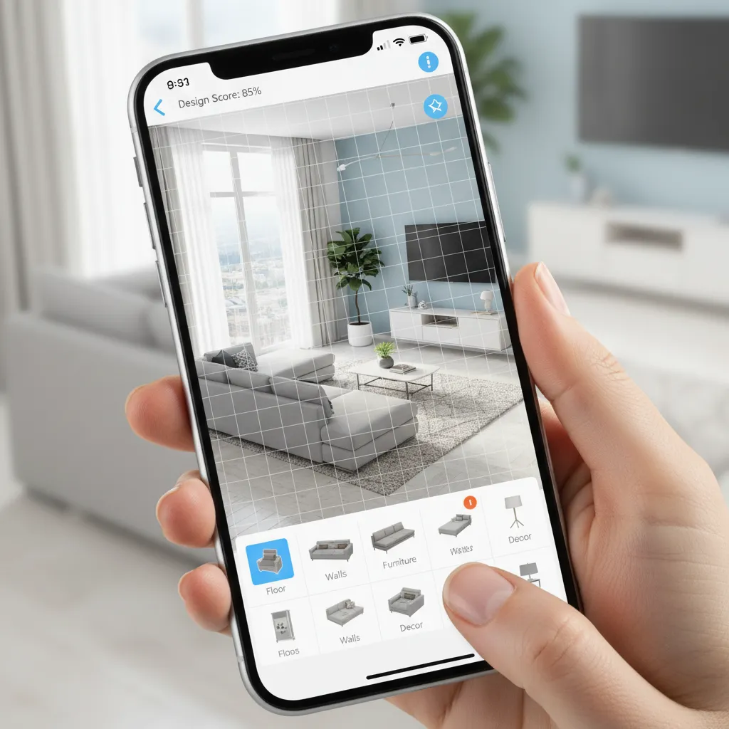 person using a mobile phone to decorate a virtual living room in a home design game