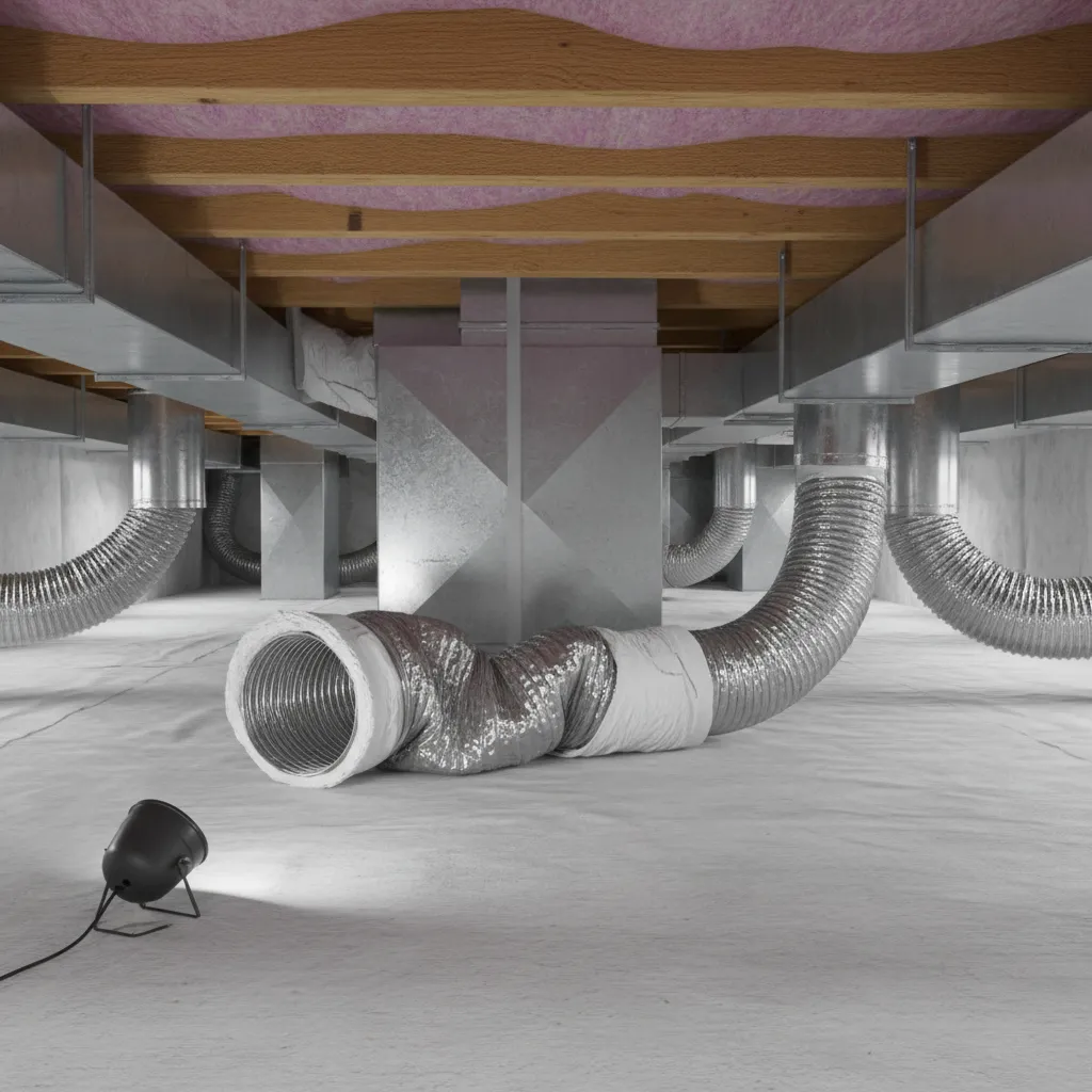 Underfloor ductwork in a mobile home showing crushed flex duct