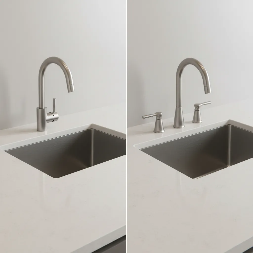 Comparison of single hole and 4 inch center set kitchen faucet mounting styles