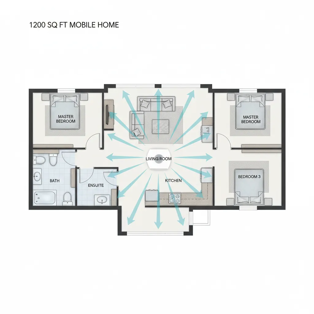 floor plan diagram of a 1200 sq ft mobile home showing airflow zones and cooling distribution