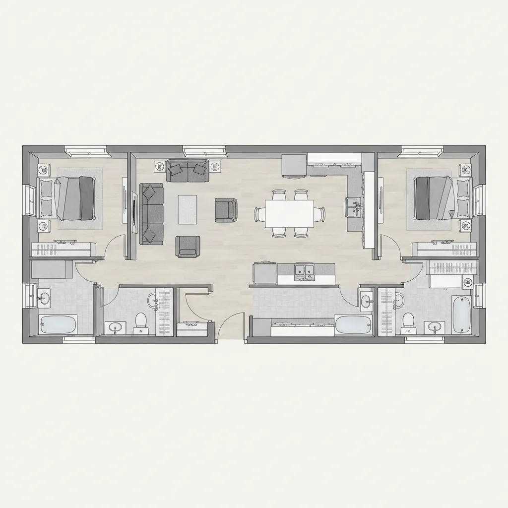 Simple rectangular mobile home floor plan showing efficient bedroom placement