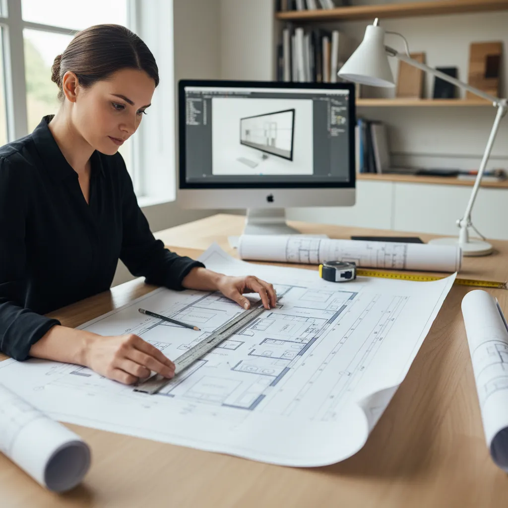 evaluating a mobile home floor plan on a table with layout drawings