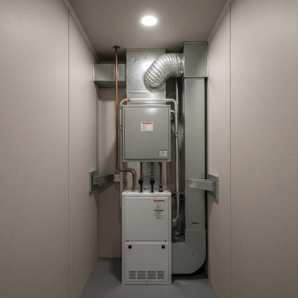 Utility closet HVAC system installed in a manufactured home