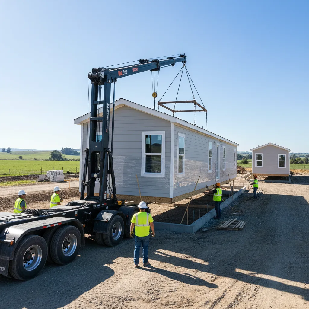 Mobile home being transported and installed on prepared foundation site