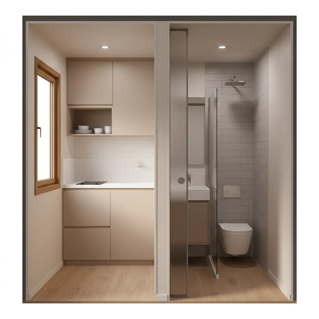 Mobile home kitchen and bathroom placement example in compact floor plan