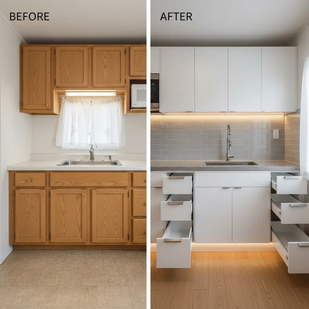 Before and after view of a mobile home kitchen cabinet upgrade