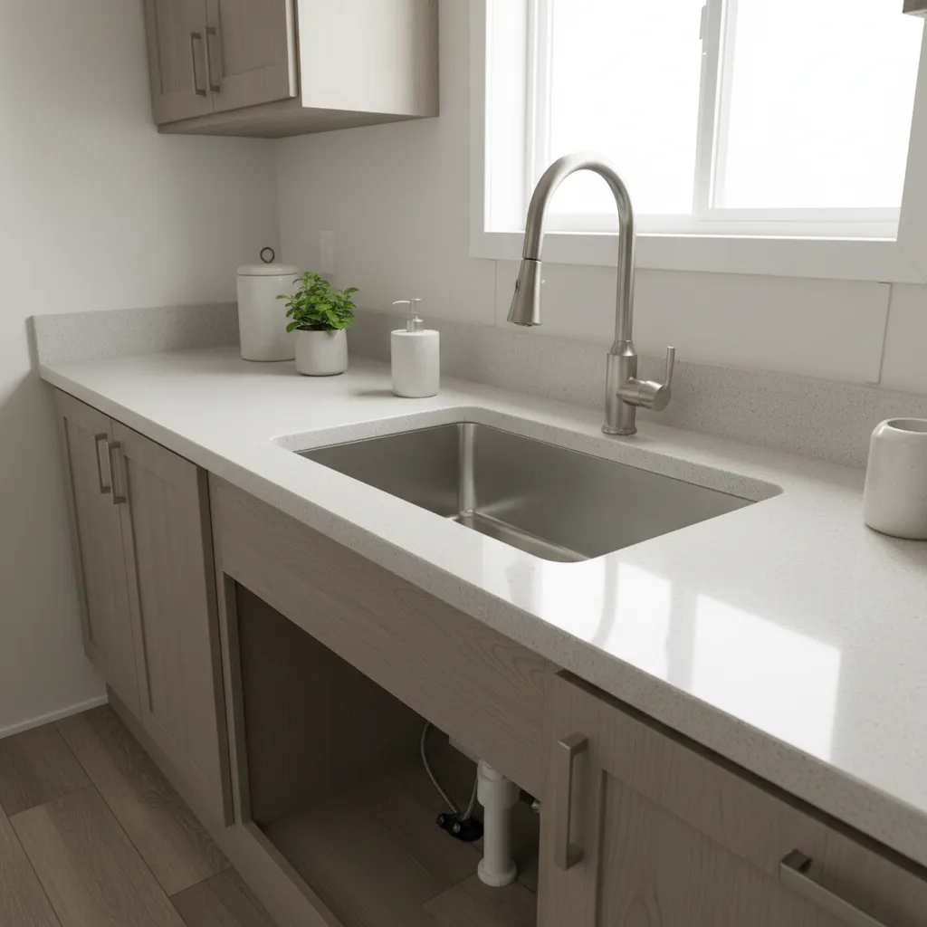 Close view of a compact mobile home kitchen faucet installed on a thin stainless steel sink