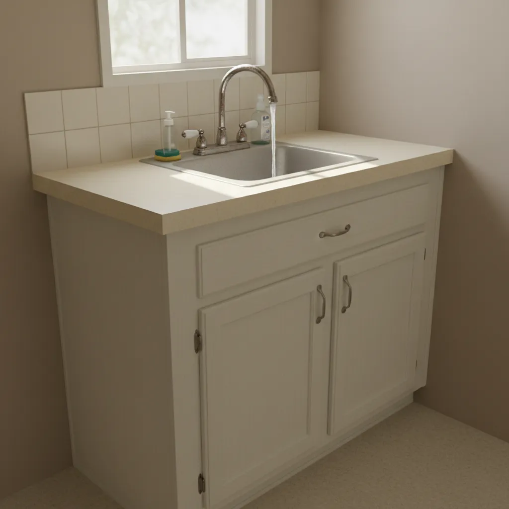 Mobile home kitchen sink with faucet showing weak water flow