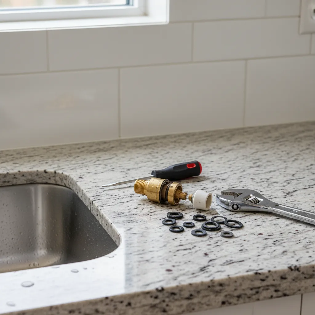 Tools and disassembled kitchen faucet parts on a countertop during repair
