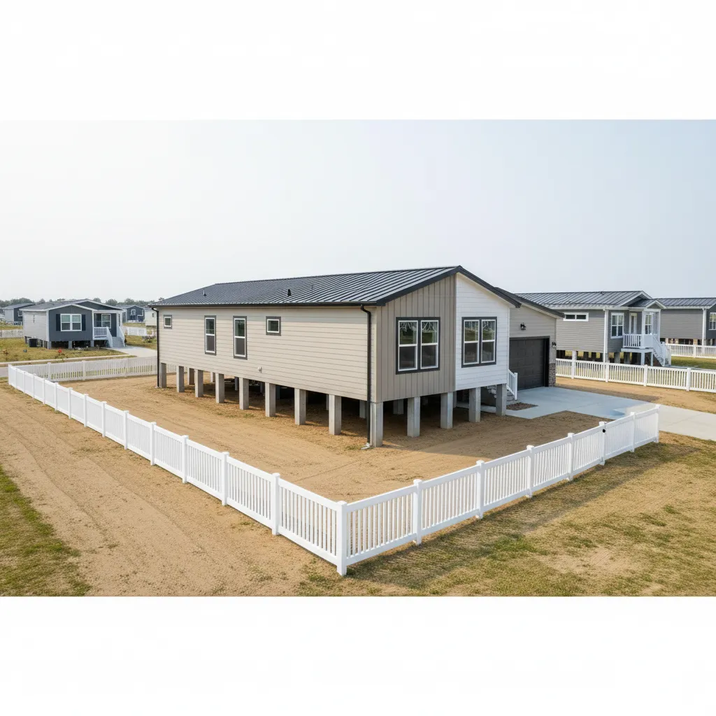 manufactured home placed on a prepared lot showing foundation and zoning spacing
