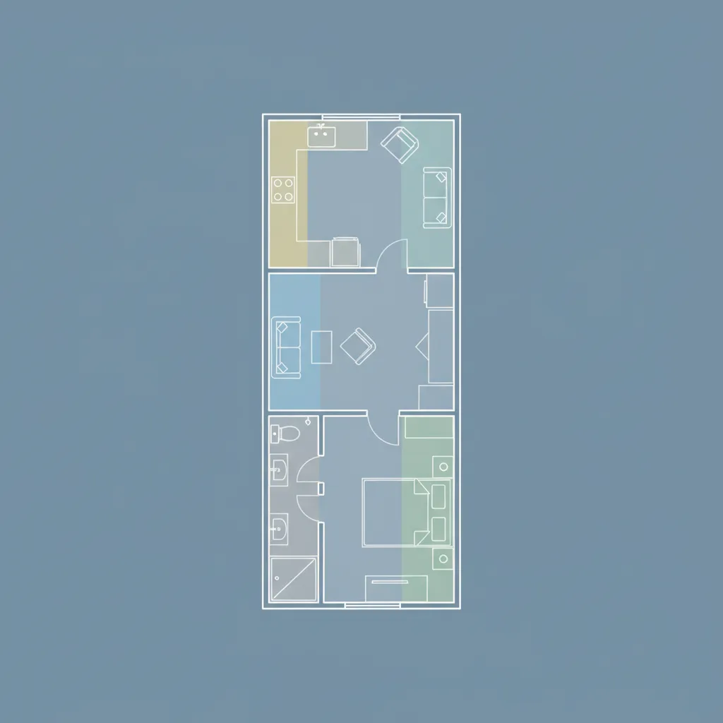 diagram showing zoning of kitchen living and bedroom areas in a narrow mobile home layout