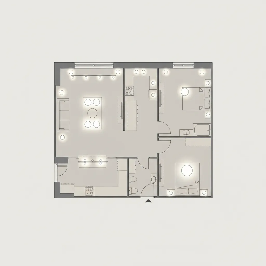 simple lighting layout plan showing LED recessed and track lighting positions in a single wide floor plan