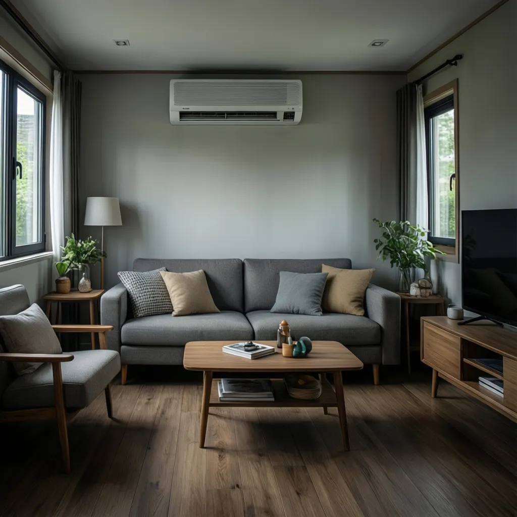 Interior of a 1200 sq ft mobile home living room with wall mounted mini split air conditioner