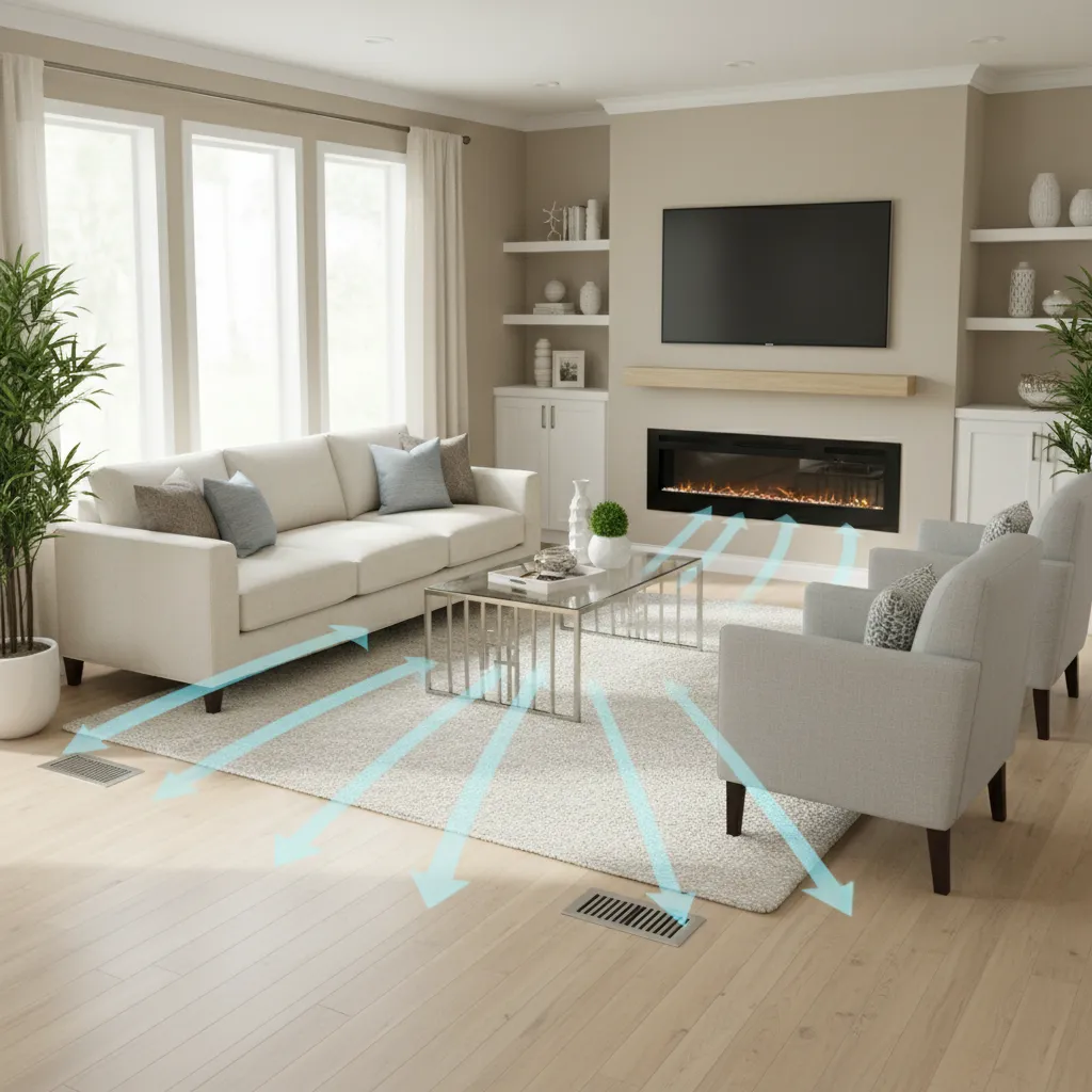 Mobile home living room with air vents and airflow illustration
