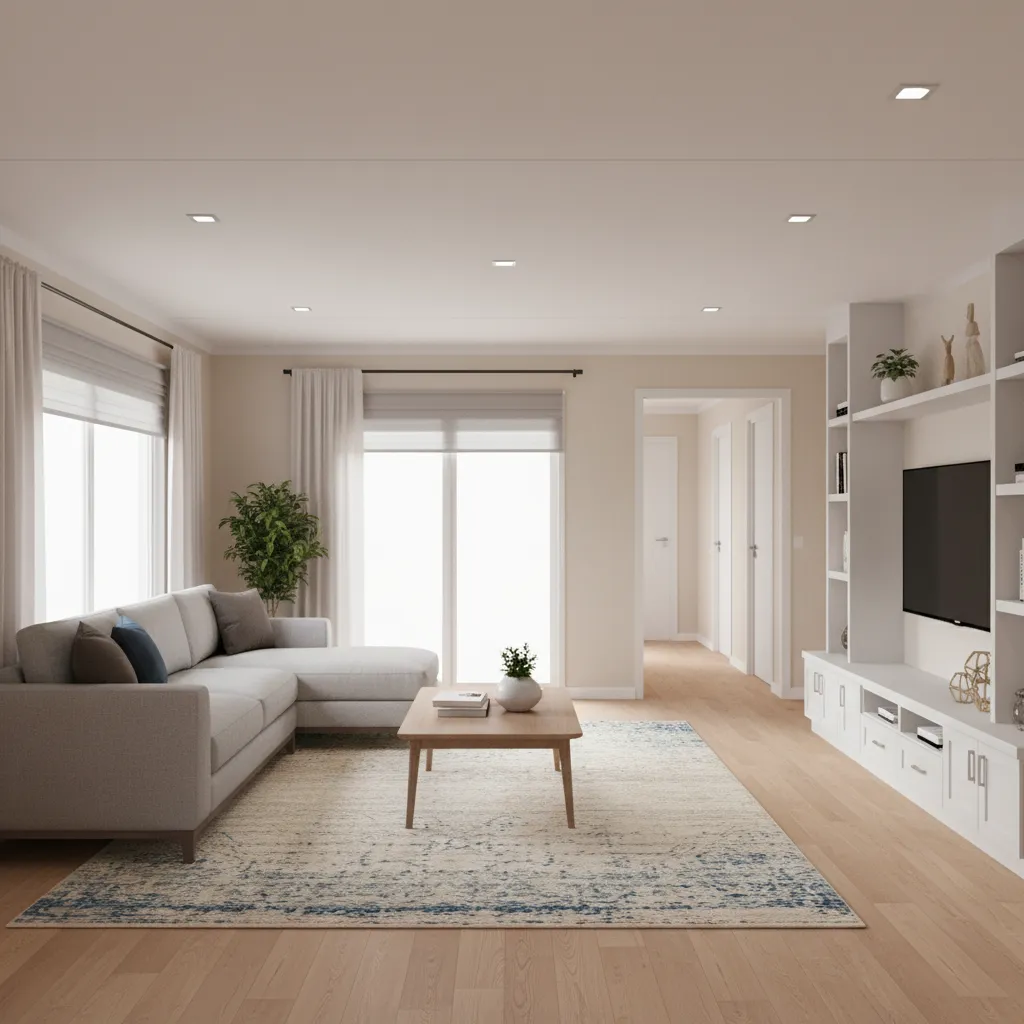 Interior of a 1200 sq ft mobile home living room showing airflow and cooling layout