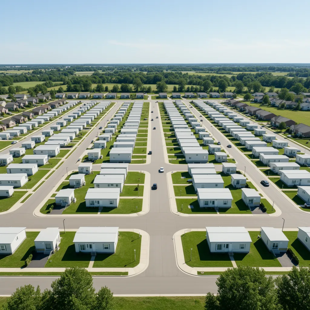 aerial overview of a mobile home park showing organized streets and evenly spaced lots