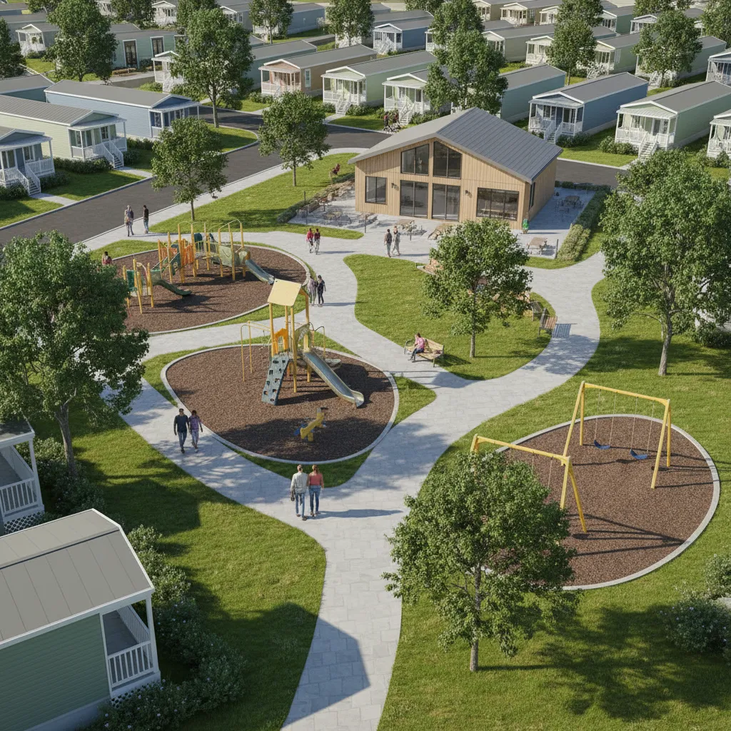 Community park and playground area inside a modern mobile home park