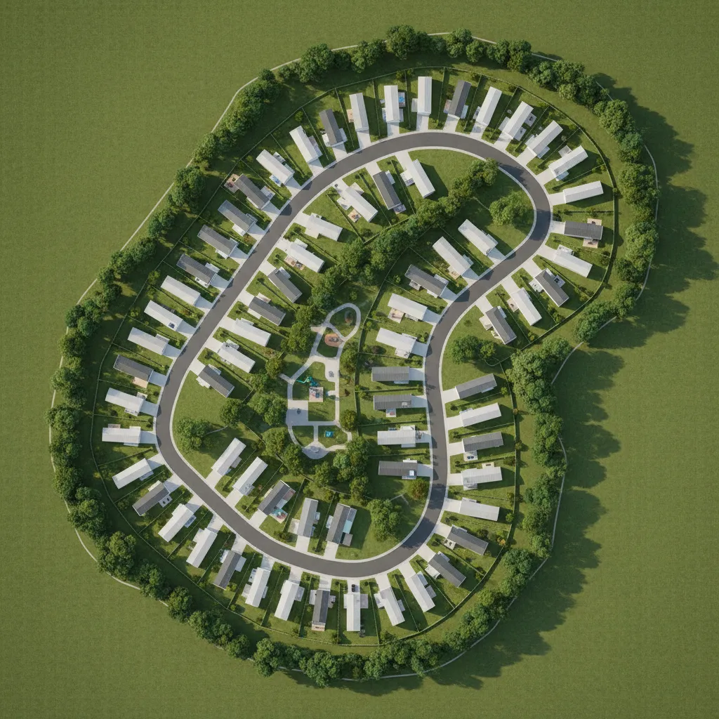 mobile home park layout adapting to irregular land parcel with curved streets