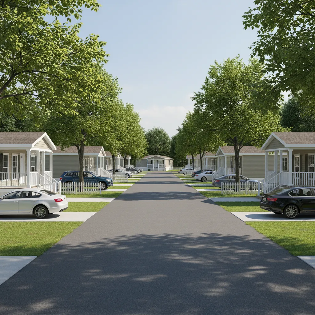 Mobile home park street showing driveway parking and clear traffic lanes