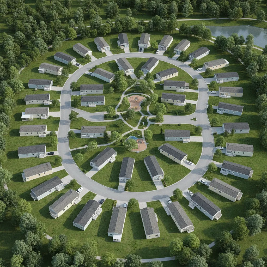 Aerial layout plan of a mobile home park showing lots roads and green spaces