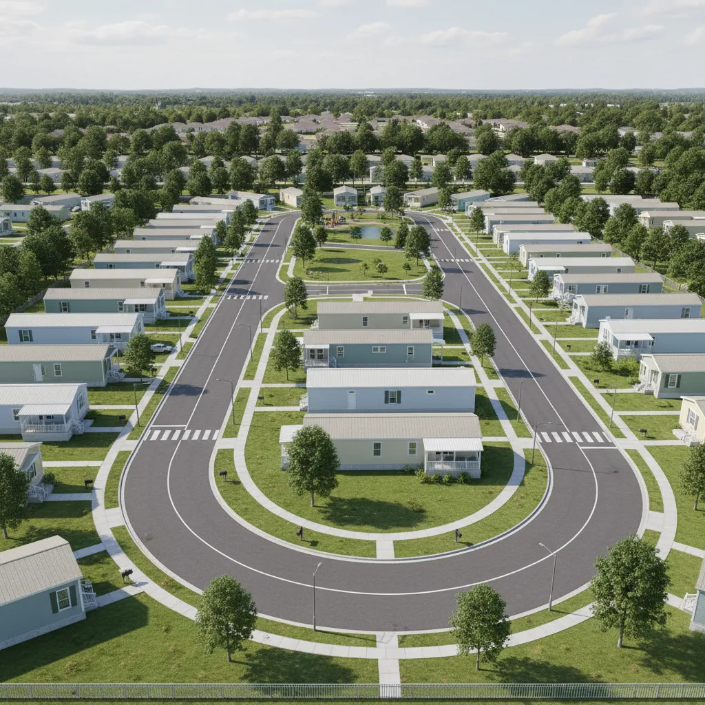 mobile home park loop road layout with homes arranged along curved street